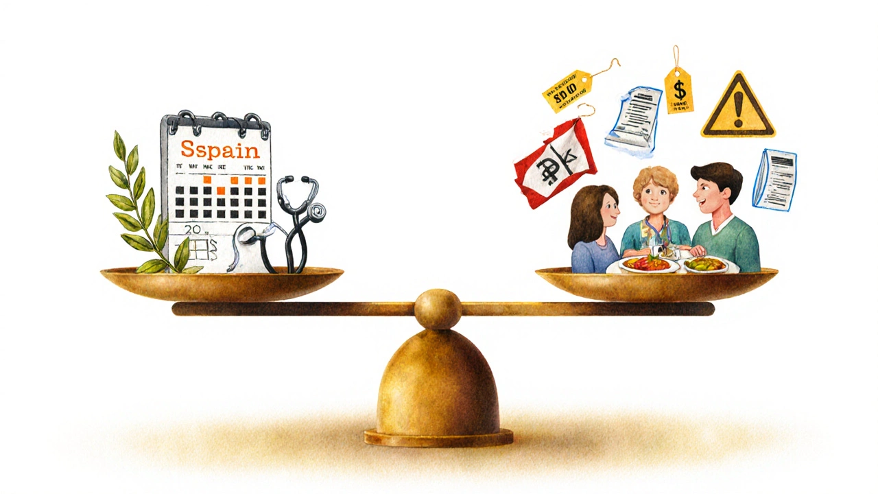 A balanced scale showing Spain's health system symbols versus cost-driven medical tourism icons.