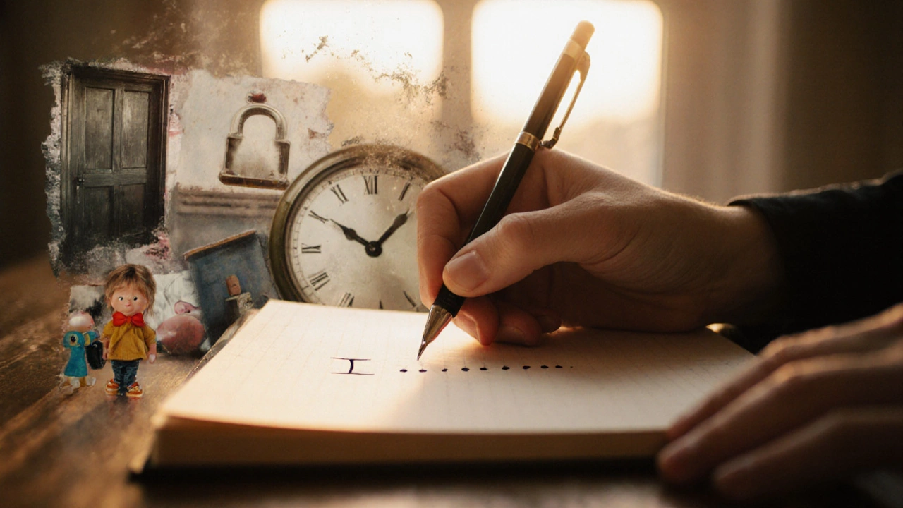 A hand hesitating to write in a journal, with blurred memories in the background.