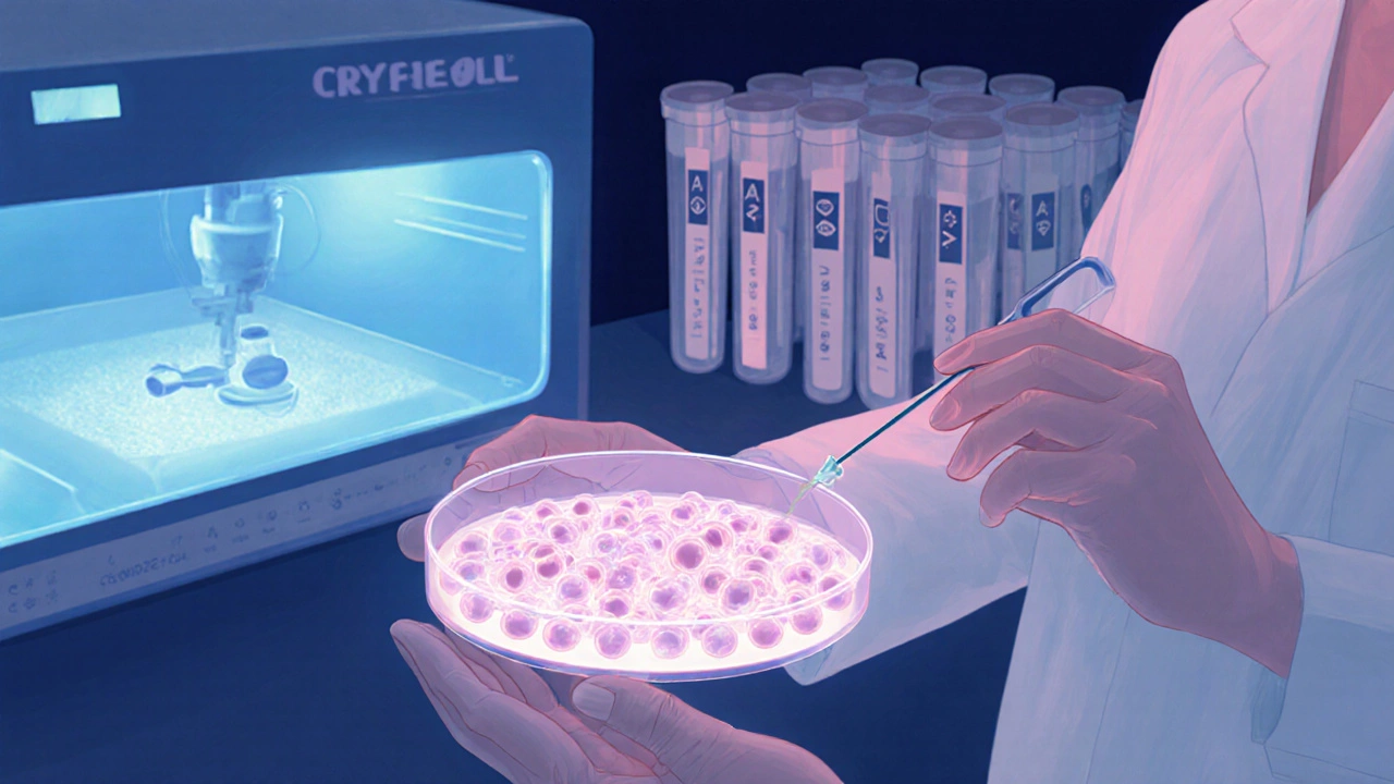 Close-up of IVF laboratory showing eggs, ICSI needles, embryos in culture dishes, and cryo‑tubes.