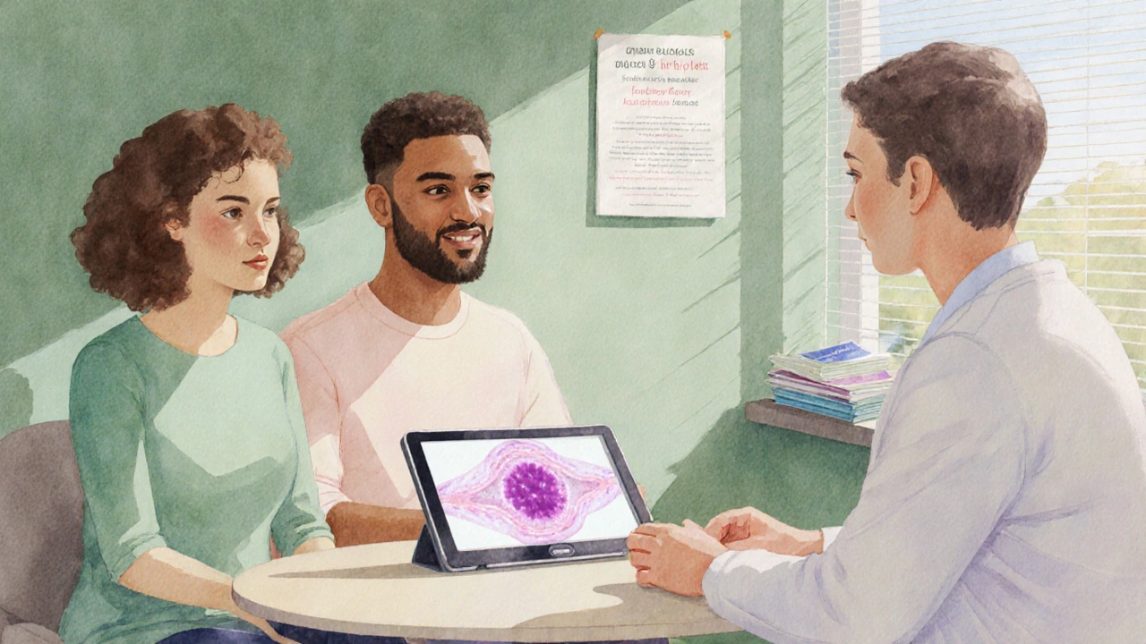Couple consulting a doctor about single‑embryo transfer, with calm, hopeful setting.