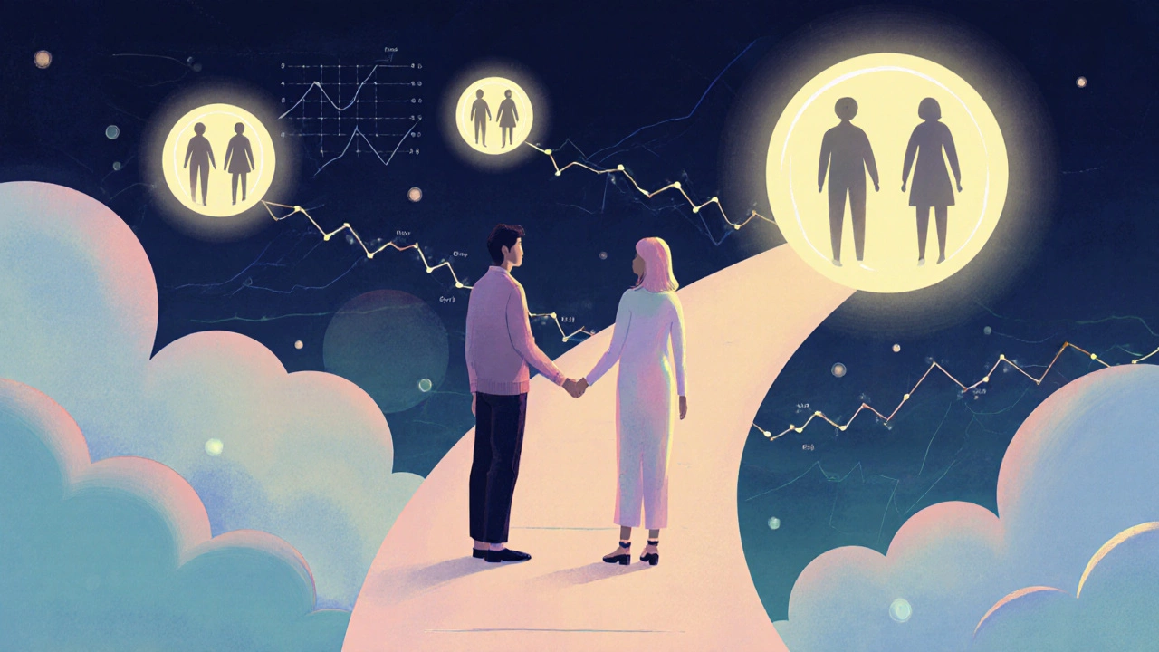 Couple contemplating future paths, surrounded by symbolic cycle icons representing multiple IVF attempts.