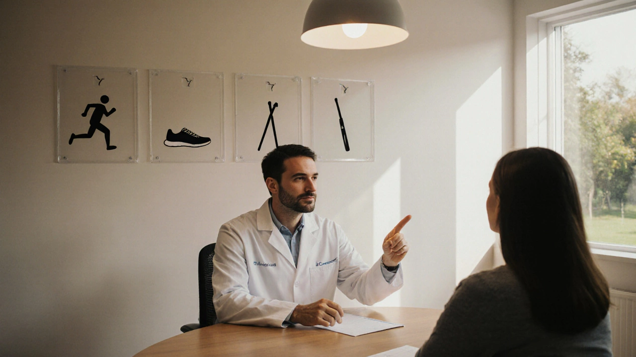 Doctor and patient discussing recovery goals with icons of running, walking, cricket.