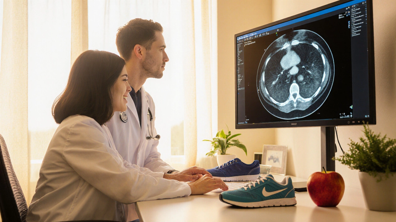 Doctor and patient reviewing a scan in a sunlit clinic, with symbols of healthy living nearby.