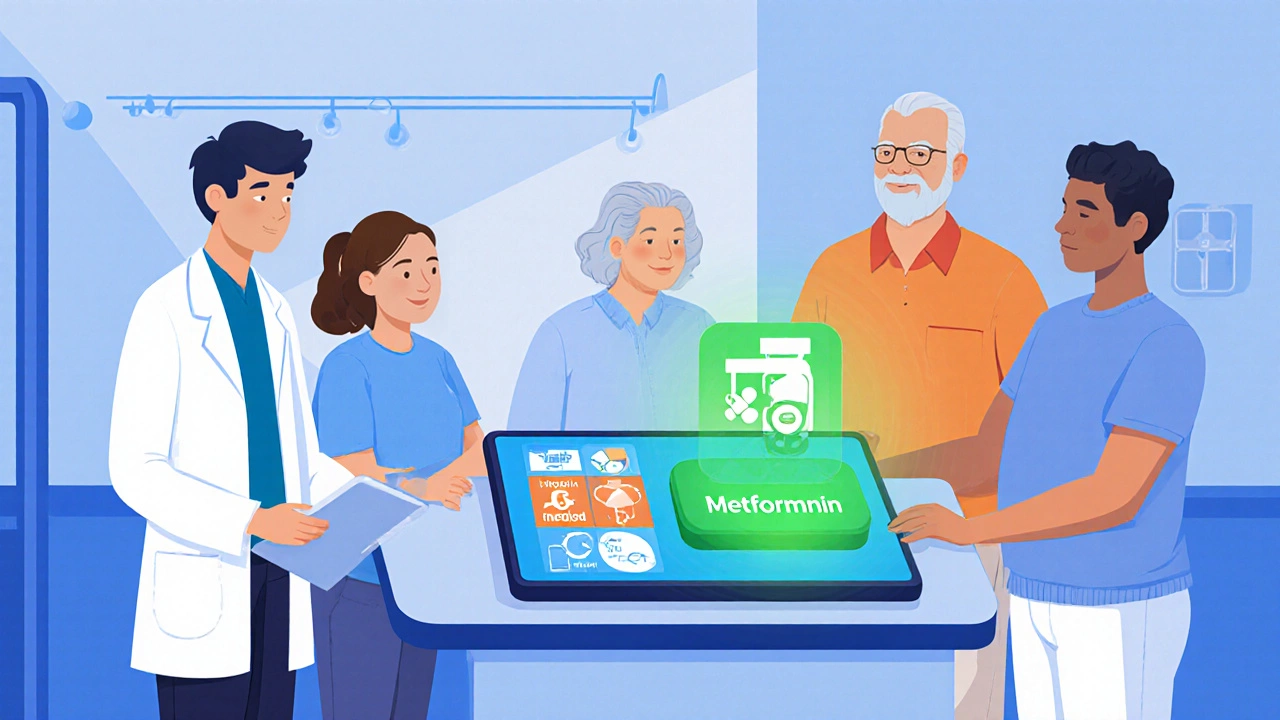 Doctor consulting diverse patients with medication icons on a tablet, Metformin highlighted.