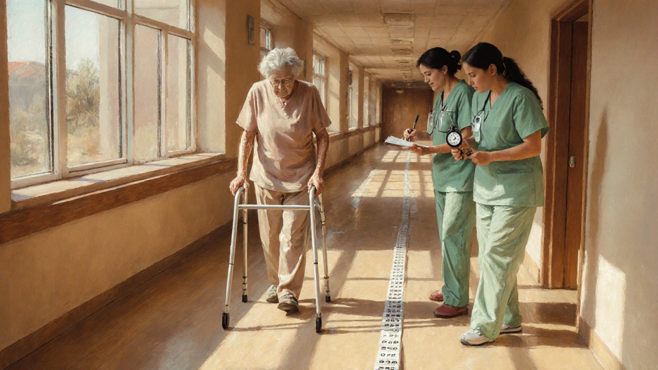 Elderly frail patient walking a test course with nurse timing and measuring gait speed.