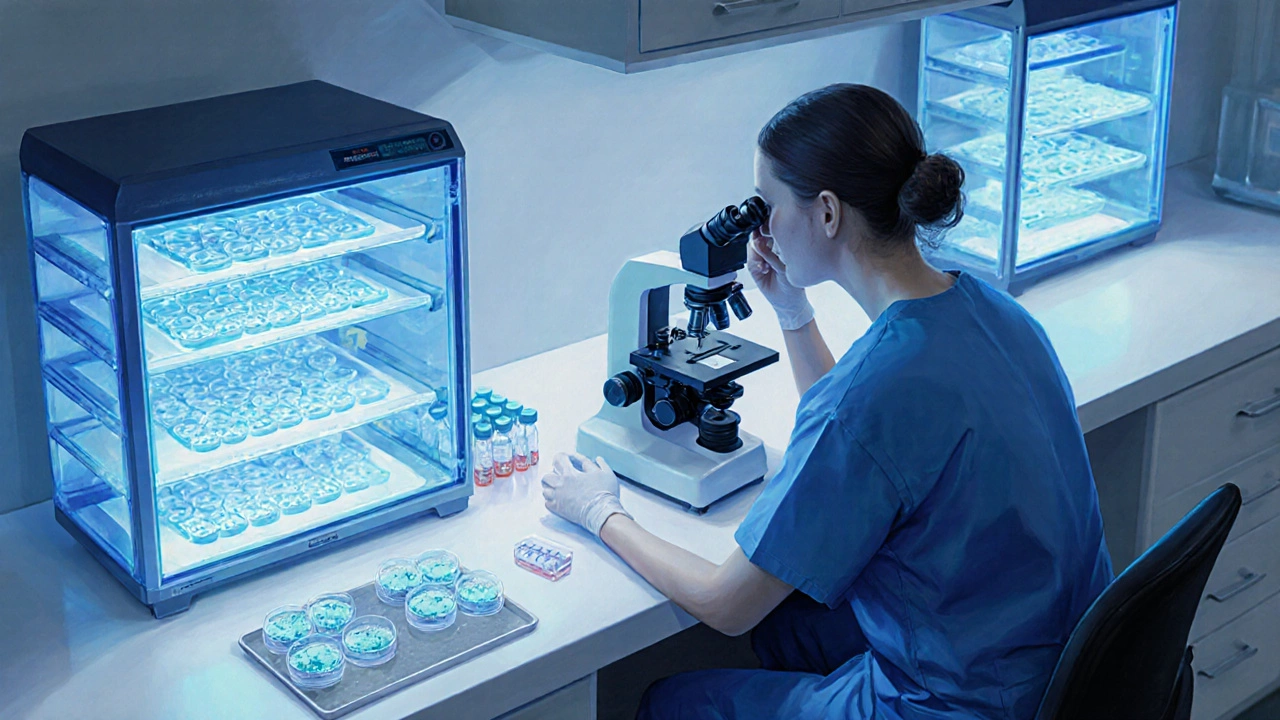 Embryologist working in a high‑tech IVF lab surrounded by incubators and microscope.