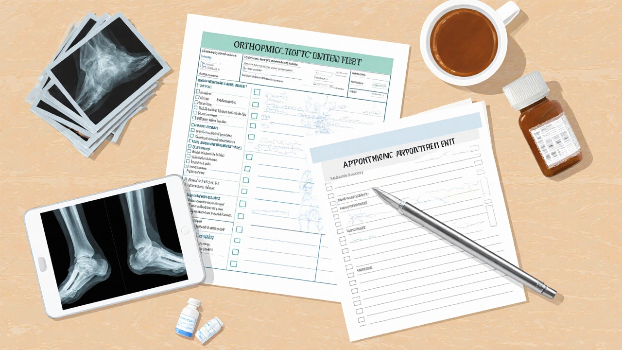 Flat‑lay of orthopedic checklist items: forms, X‑ray films, pill bottle, tablet.