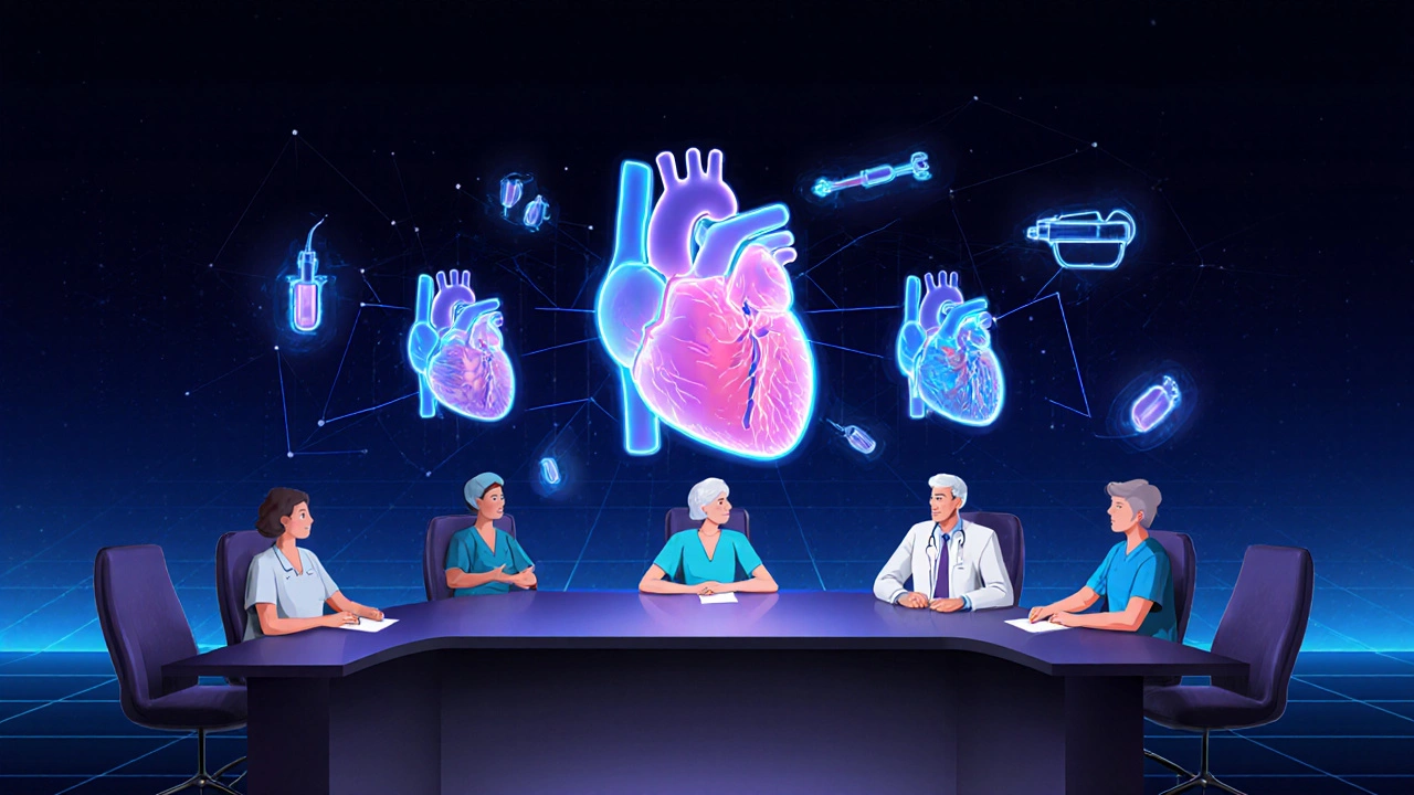Heart team gathered around holographic heart models showing minimally invasive procedures.