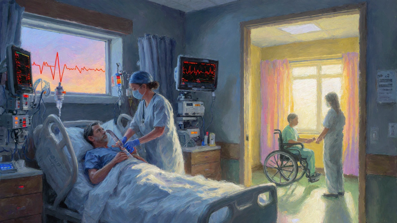 ICU patient surrounded by monitors, transitioning to brighter ward with therapist.