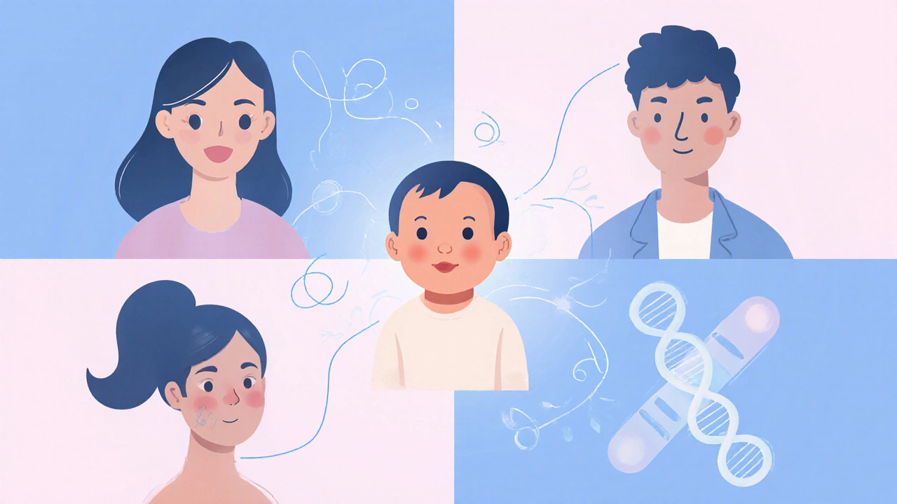 Illustration of a baby surrounded by portraits of mother, partner, donor egg and donor sperm linked by DNA strands.