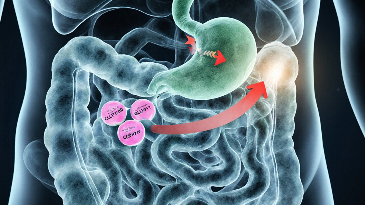 Illustration of semaglutide acting on gut and brain to reduce appetite.