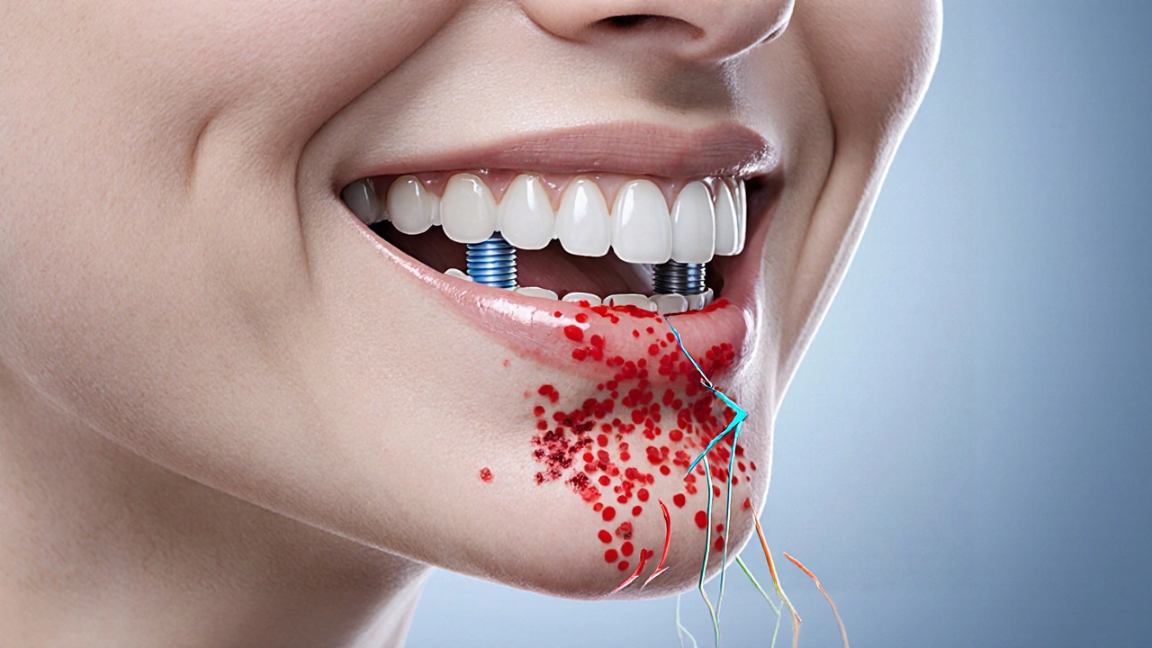 Illustration showing infection, bone loss, and nerve proximity around a dental implant.