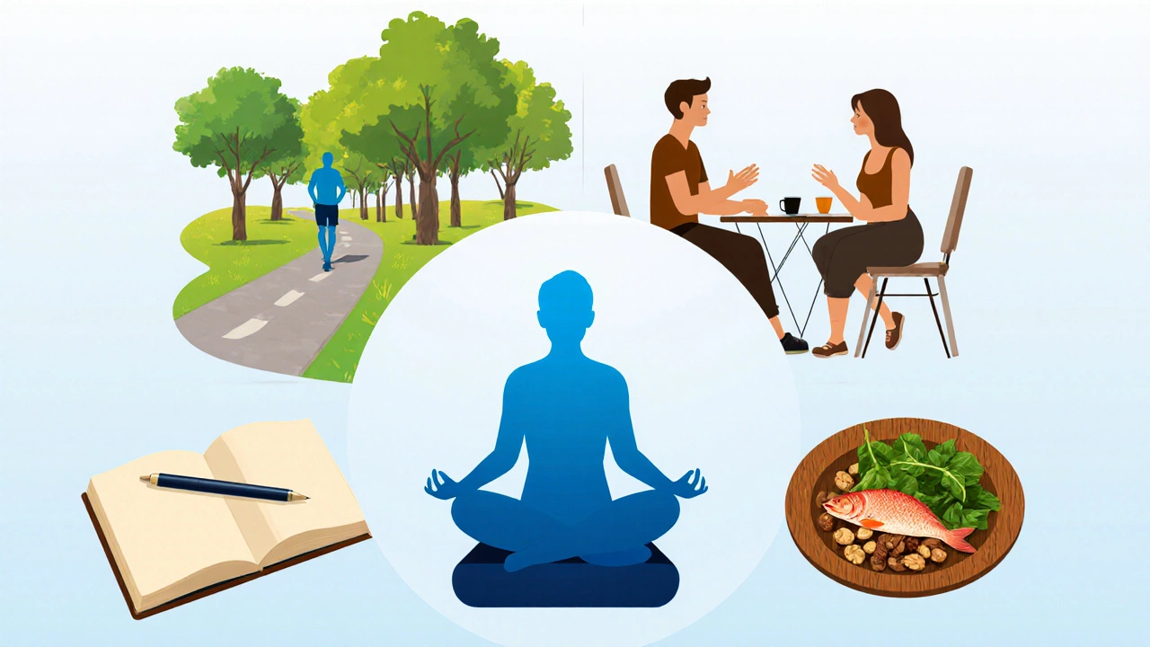 Illustration showing meditation, walking, friends chatting, journal, and healthy food around a circle.