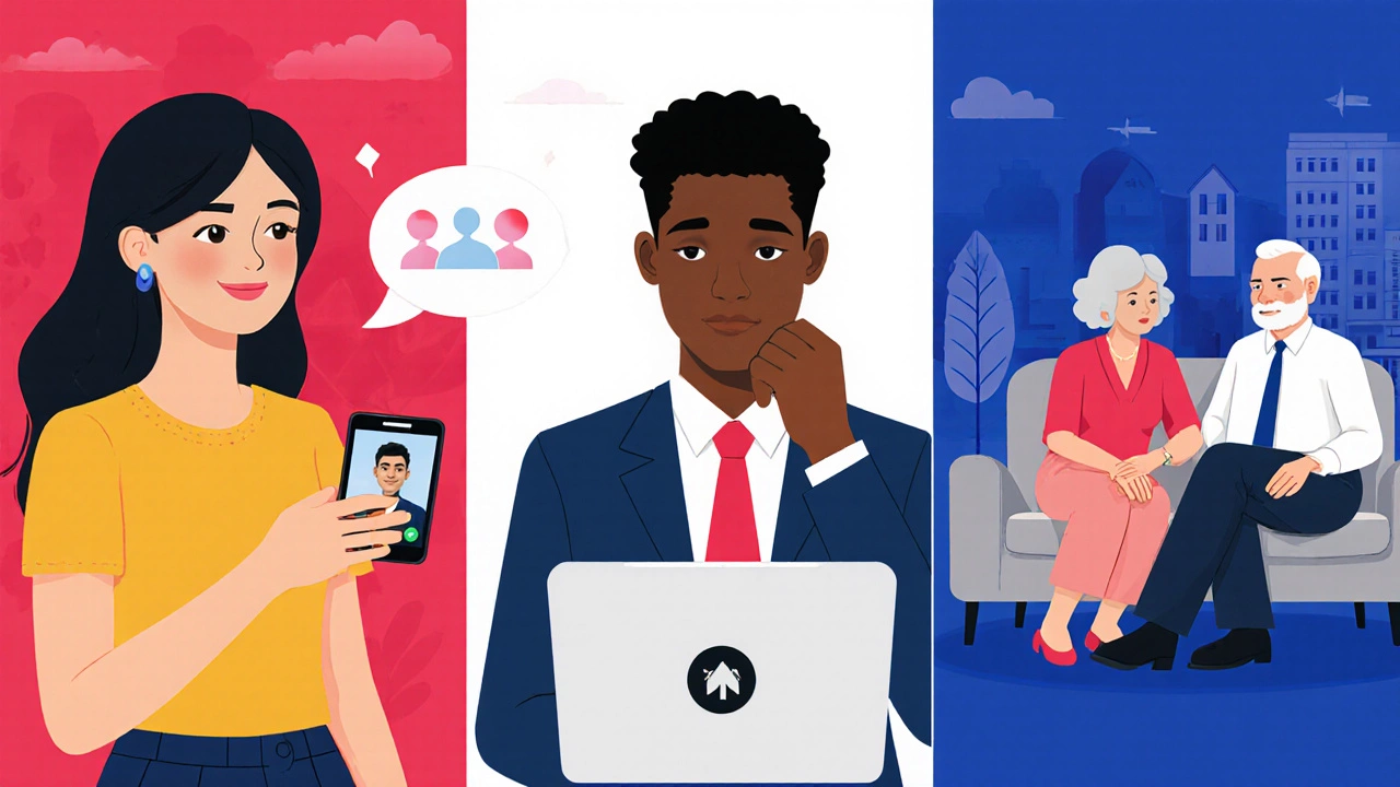 Illustration showing women, men, young adults on video chat, and seniors in therapy sessions.