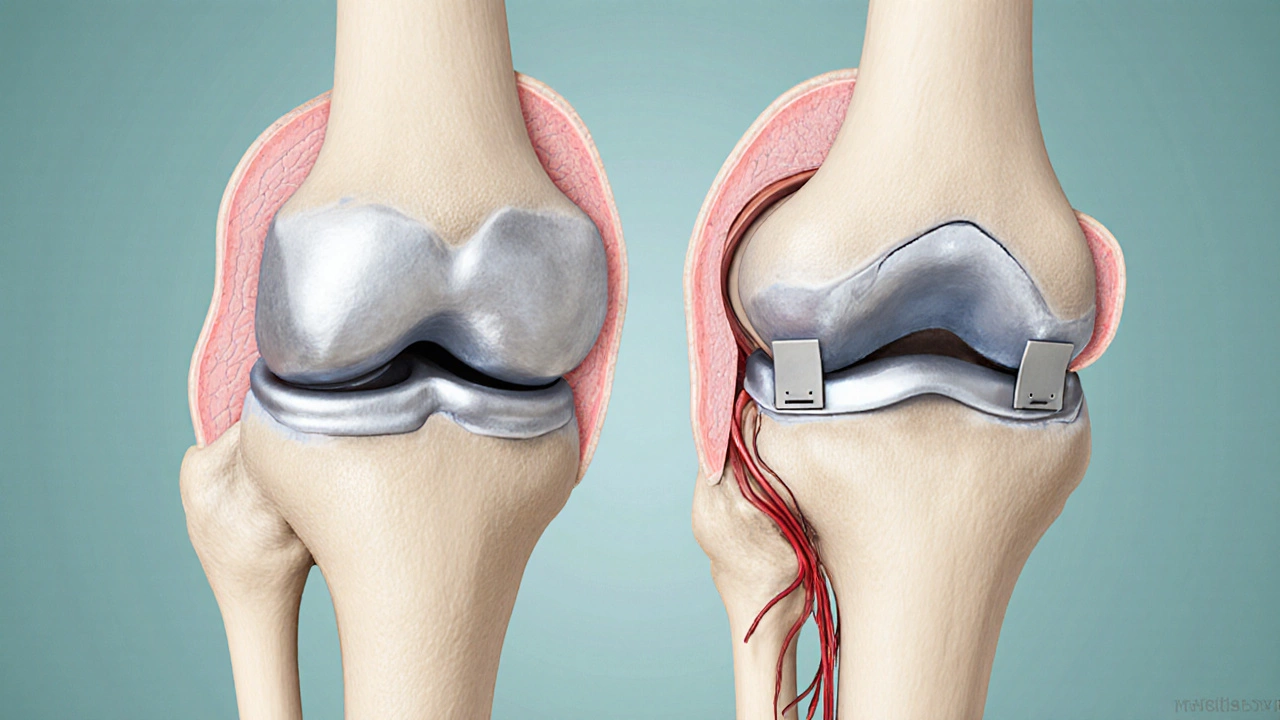 Medical illustration of a knee showing a partial replacement and a tibial osteotomy.