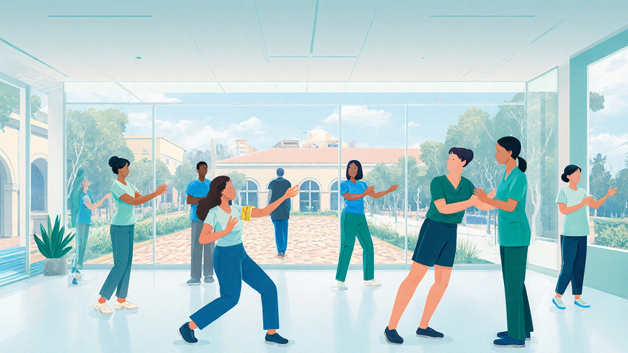 Medical tourists receiving physical therapy in a bright Spanish hospital room with natural light and courtyard view.