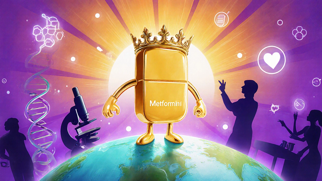 Metformin portrayed as a golden champion on a globe with scientific symbols surrounding it.