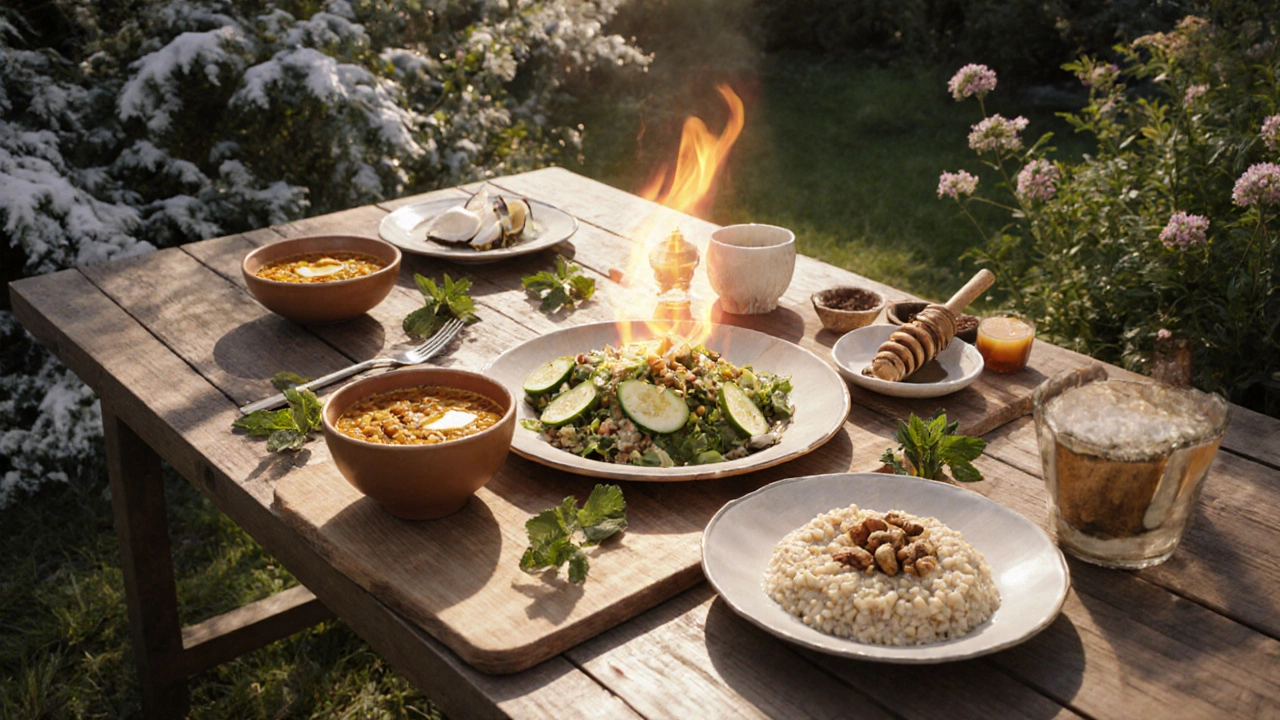 Outdoor garden table with balanced Ayurvedic dishes for Vata, Pitta, and Kapha, showing seasonal foods.