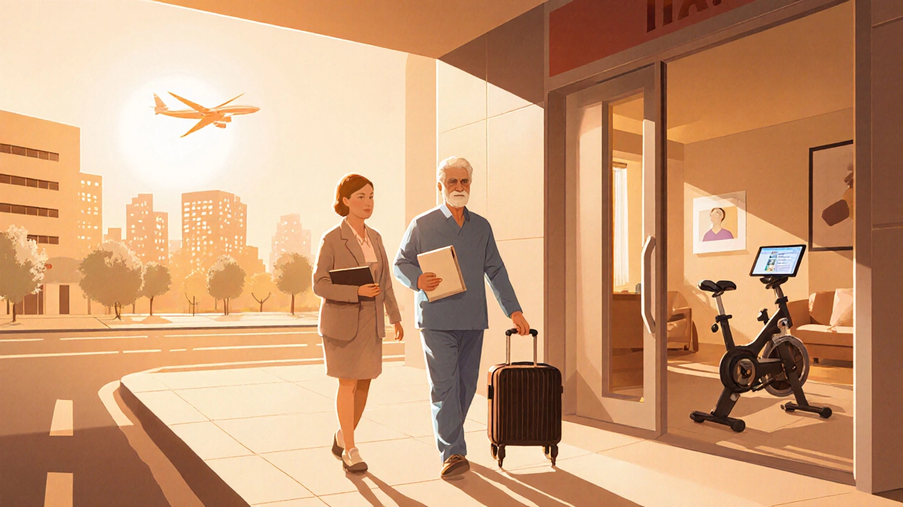 Patient leaving hospital with caregiver, heading to home recovery and rehab.