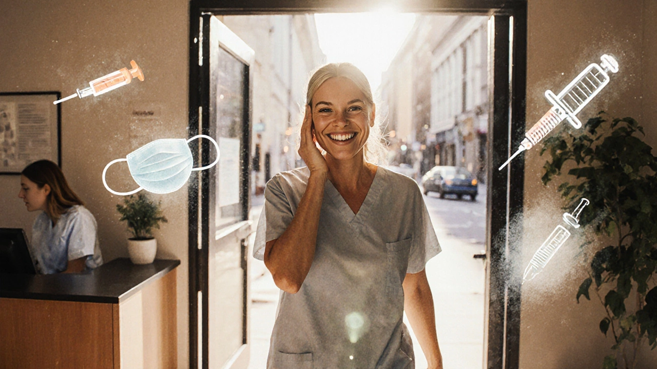 Patient smiling with a new dental implant, feeling relaxed after surgery.