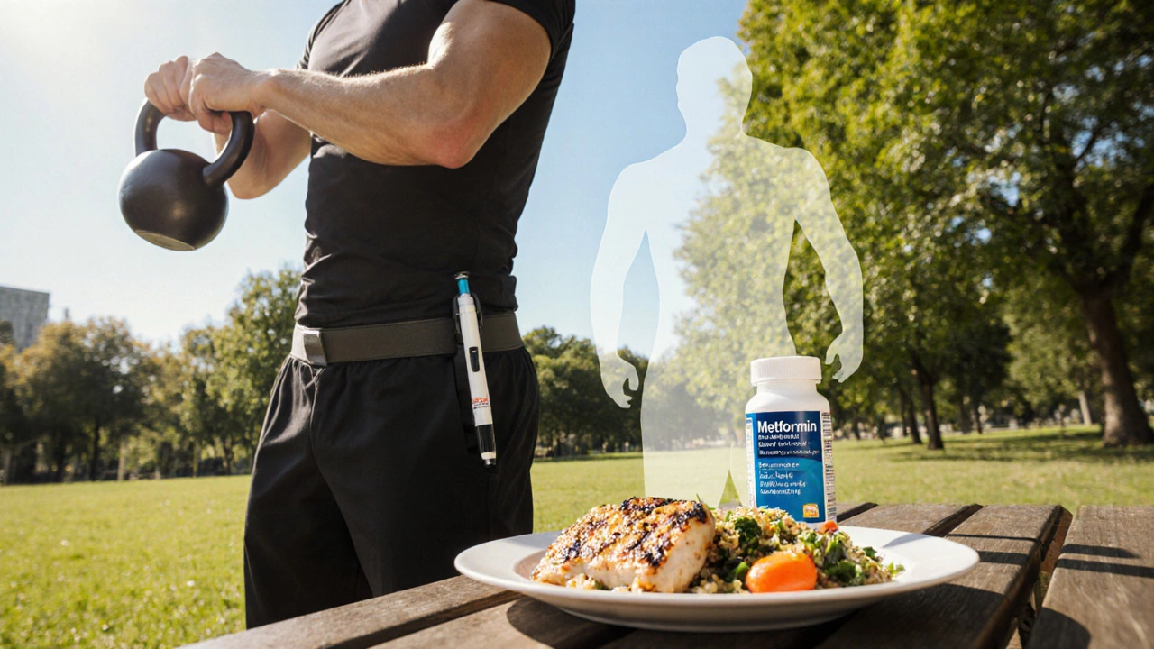 Person exercising in a park with protein meal and medication visible.