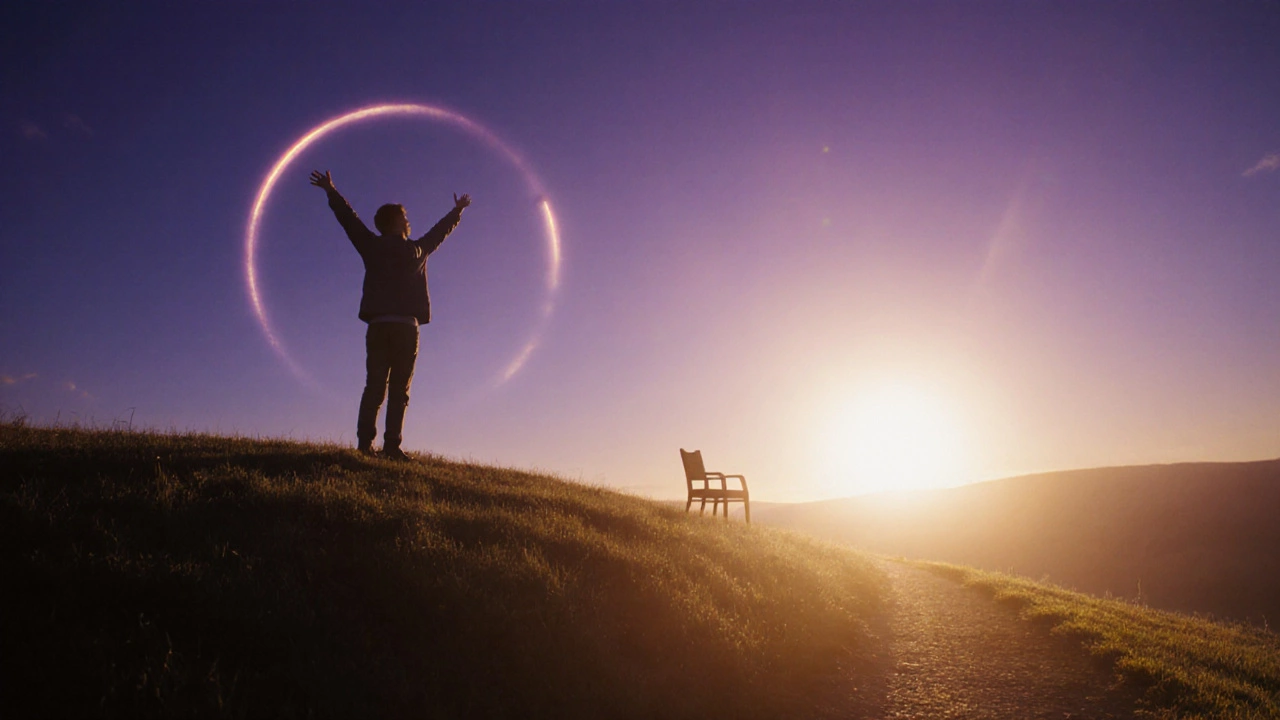 Person on a hill with arms raised at sunrise, faint therapist chair in background.