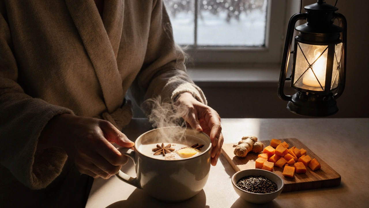 Person pouring warm spiced almond milk into a mug, with winter kitchen elements and soft lantern light.