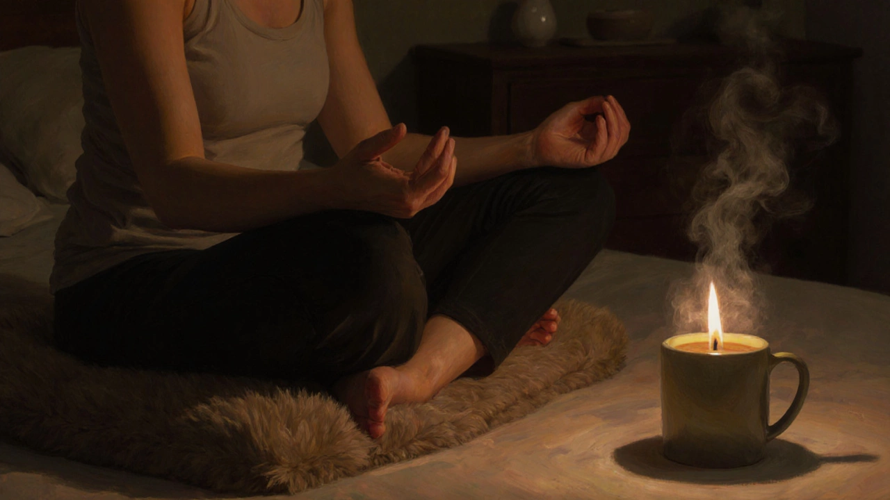 Person practicing gentle yoga poses beside a candle after dinner.
