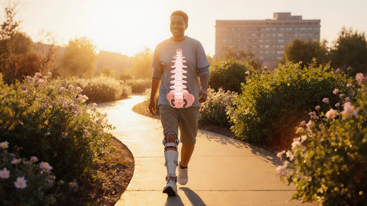 Recovered patient walking outdoors, symbolizing successful long-term rehab.
