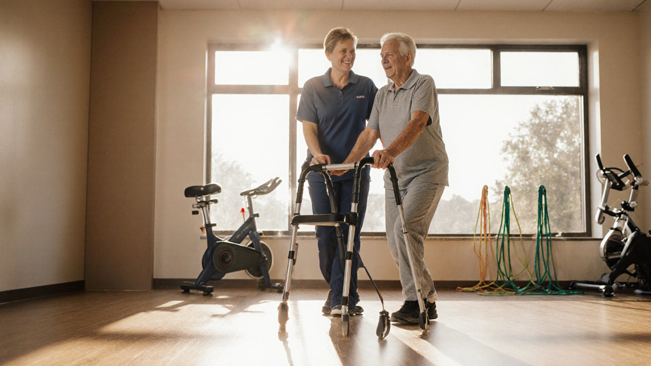 Senior patient walking with a walker during postoperative physiotherapy.