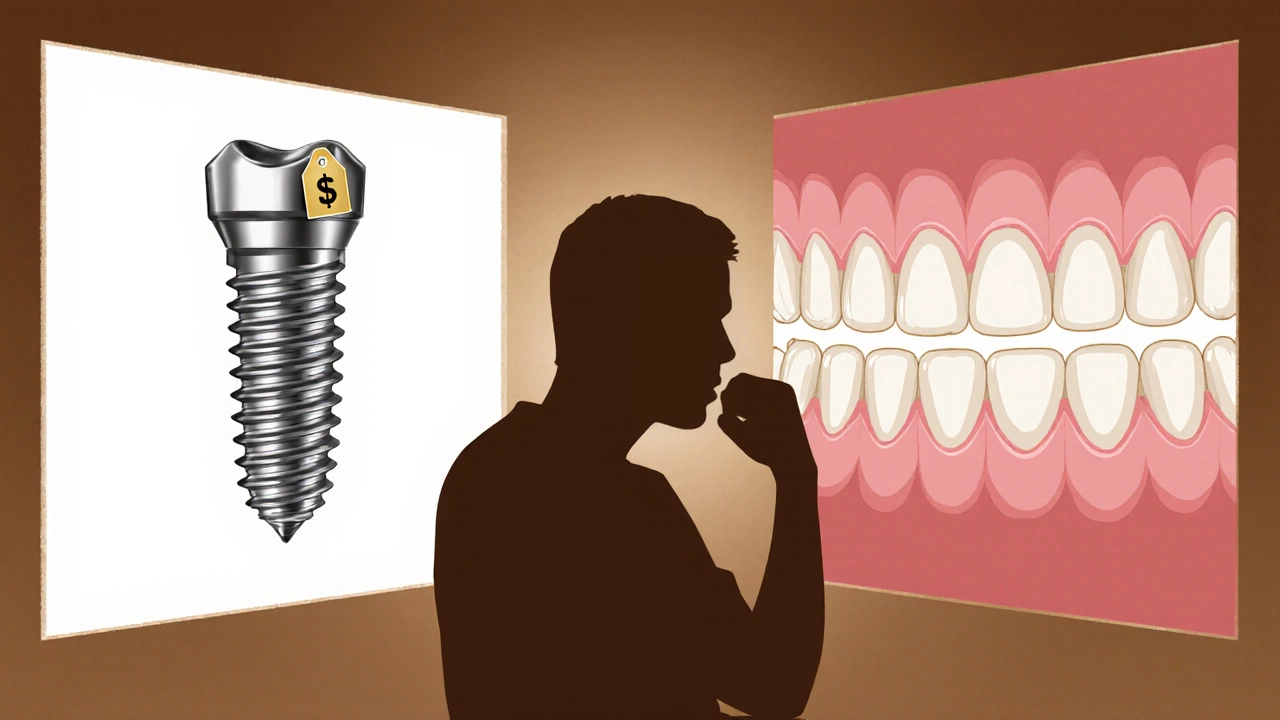 Split view of a dental implant versus a bridge with a patient contemplating the choice.