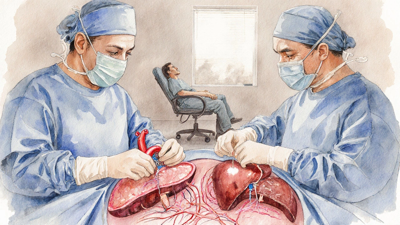 Surgeons connecting a donor heart and liver in a watercolor style scene.