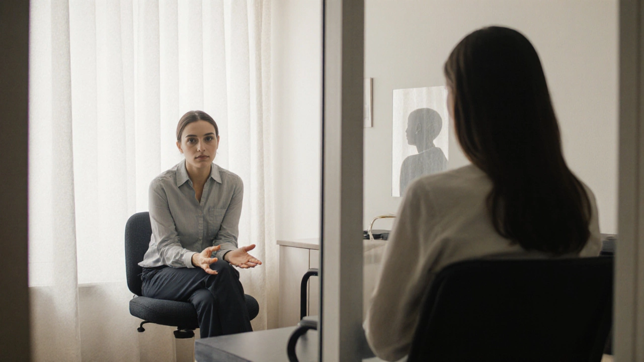 Therapist in a calm office facing an empty chair, symbolizing unspoken thoughts.