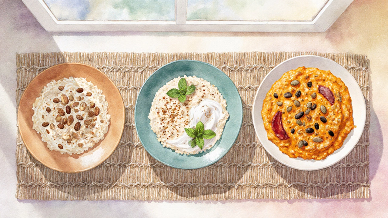 Three breakfast plates on a bamboo mat: oatmeal for Vata, millet porridge for Pitta, amaranth khichdi for Kapha.