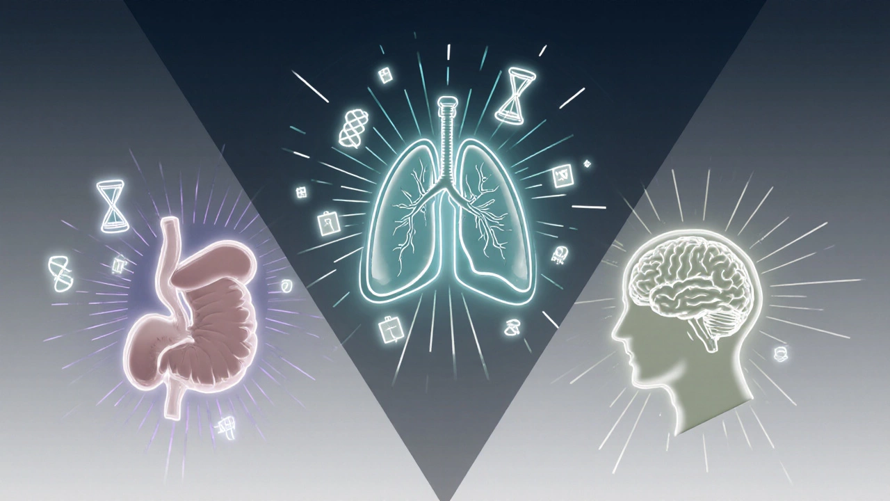 Three organs—pancreas, lung, brain—arranged in a triangle, each surrounded by a somber aura.