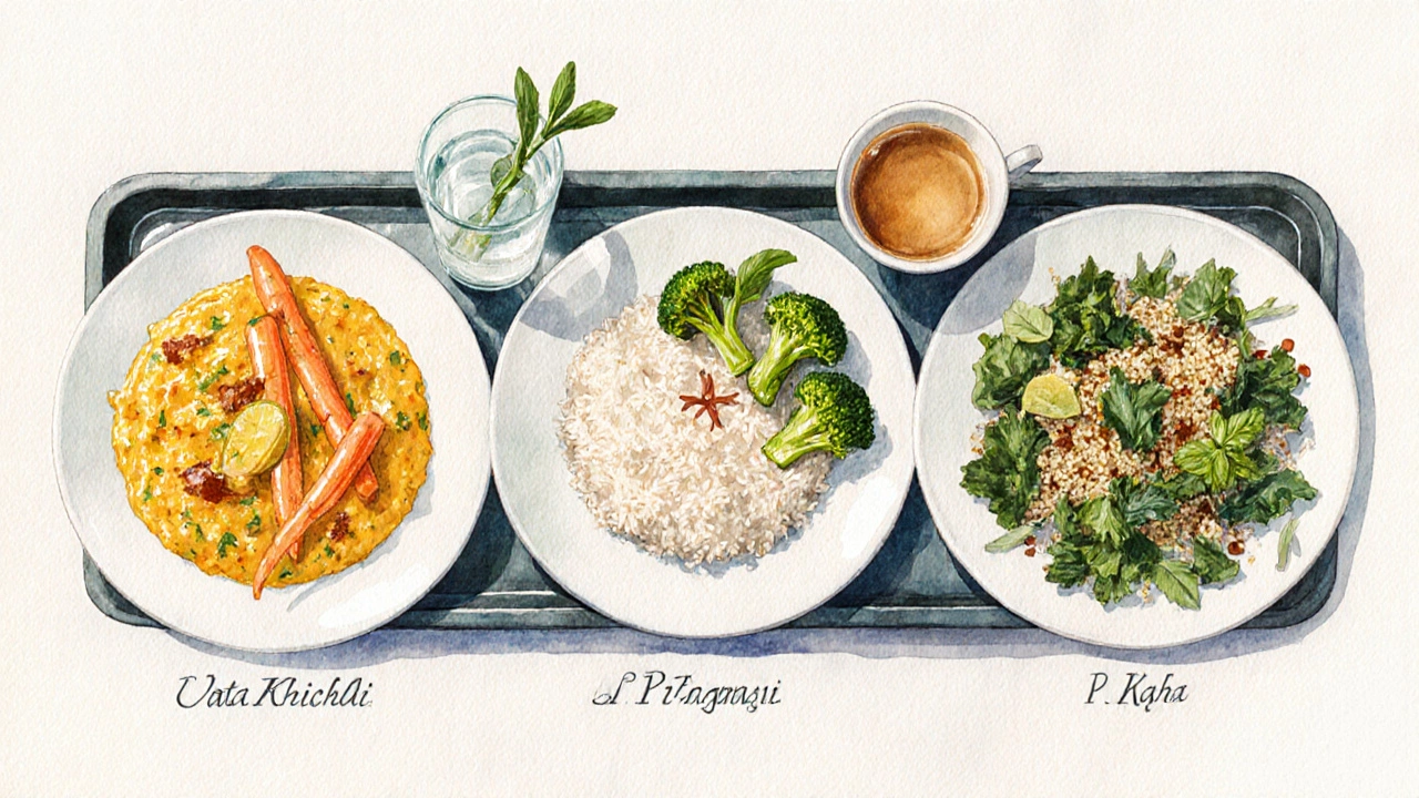 Three plates displaying Vata, Pitta, and Kapha balanced dinner dishes.