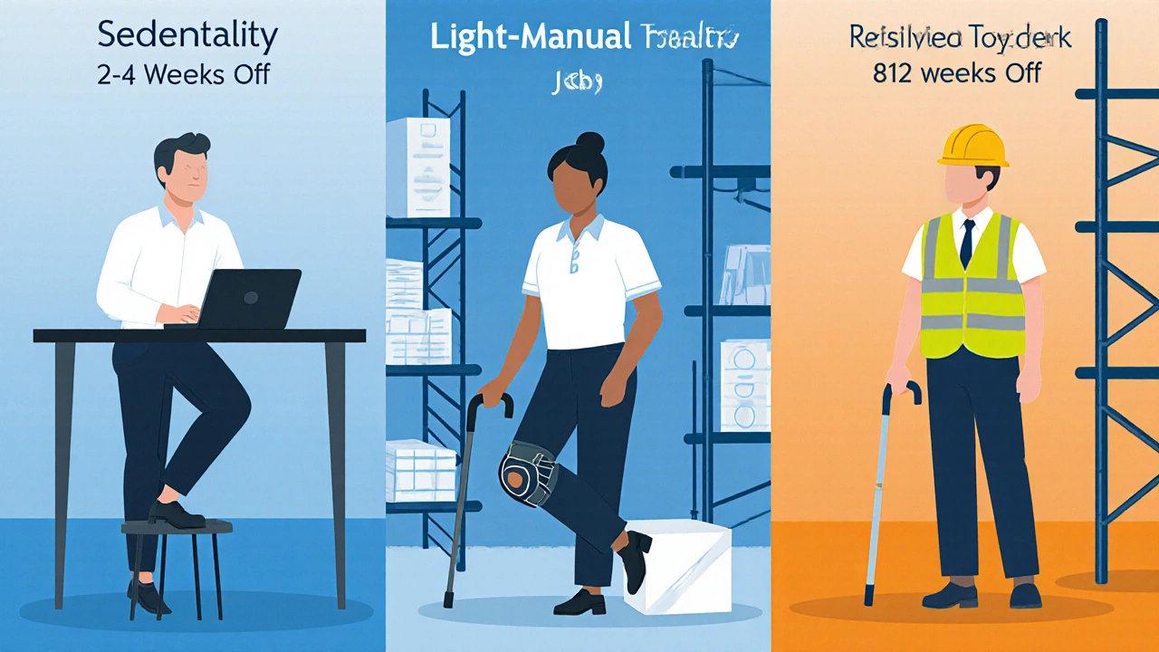 Three workers—office, retail, construction—showing different return‑to‑work stages after knee surgery.