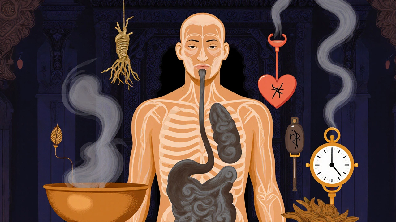 Translucent human body with toxins being drawn out by herbs in temple setting.