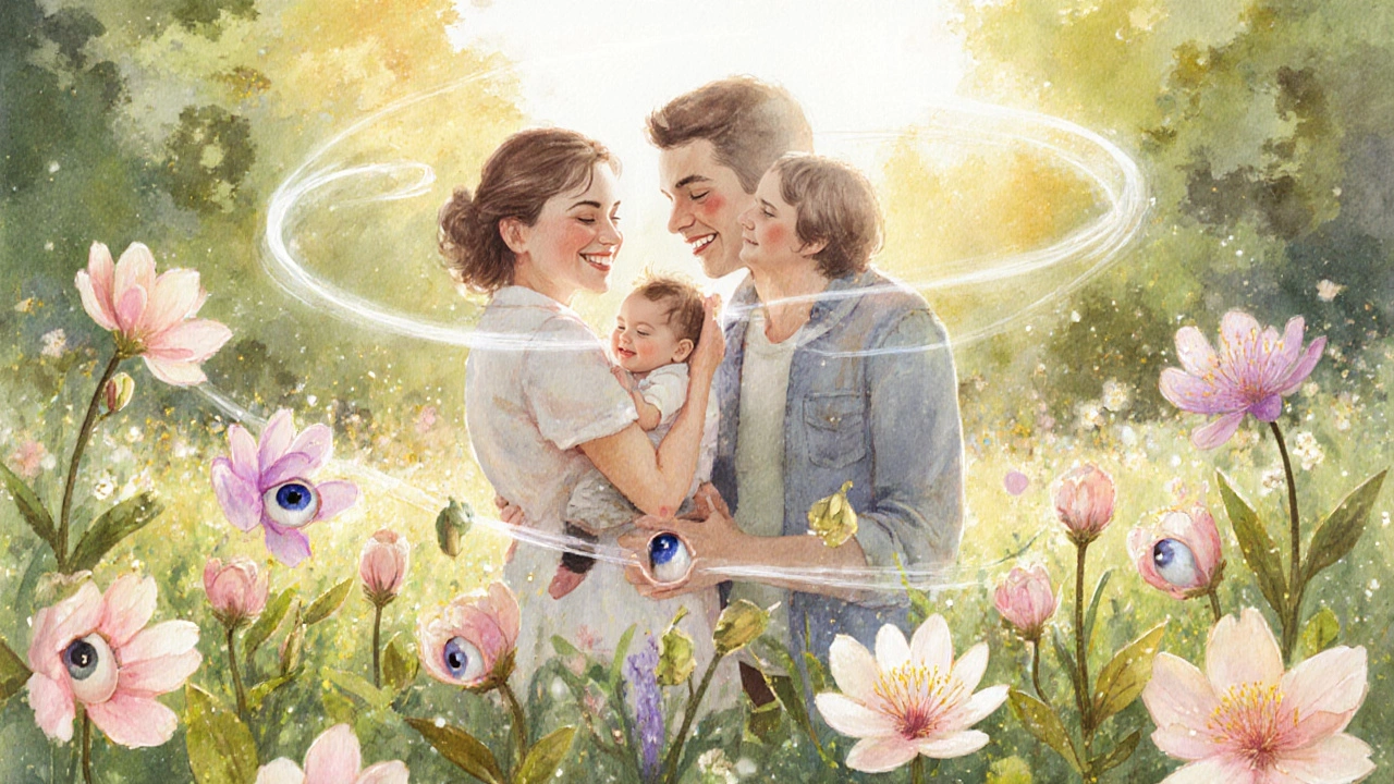 Watercolor of a family with a baby in a garden, blossoms forming subtle facial features around them.