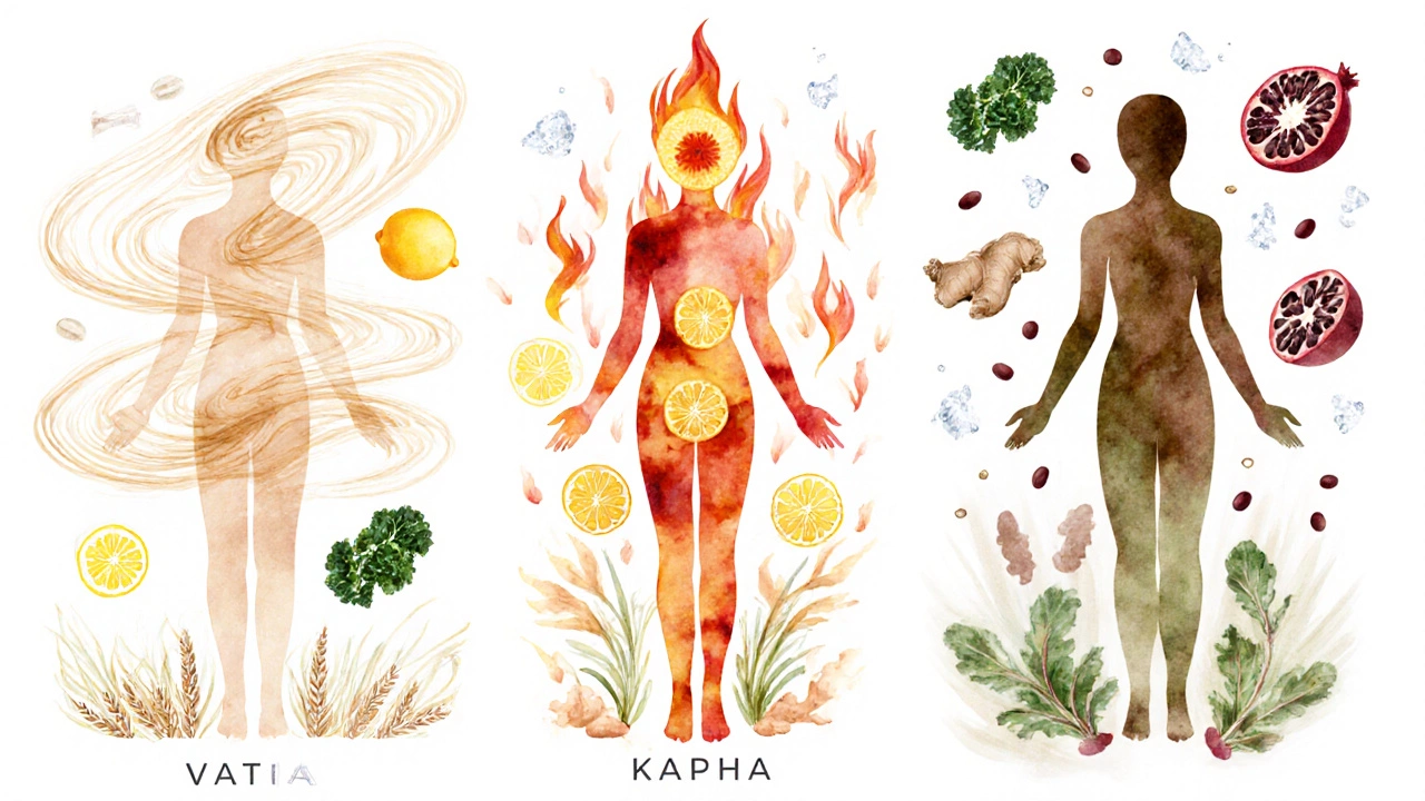 Watercolor of three ethereal figures representing Vata, Pitta, Kapha surrounded by foods of the six tastes.