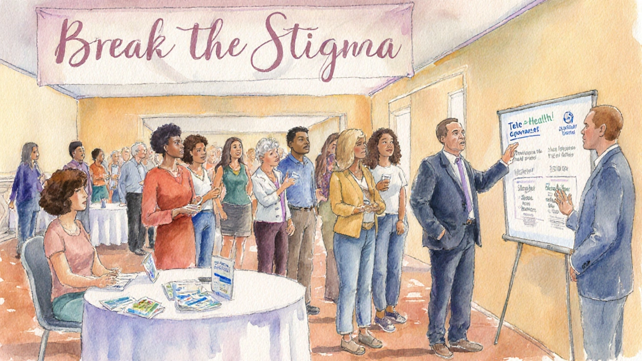 Watercolor scene of a diverse group at a workplace mental‑health gathering.