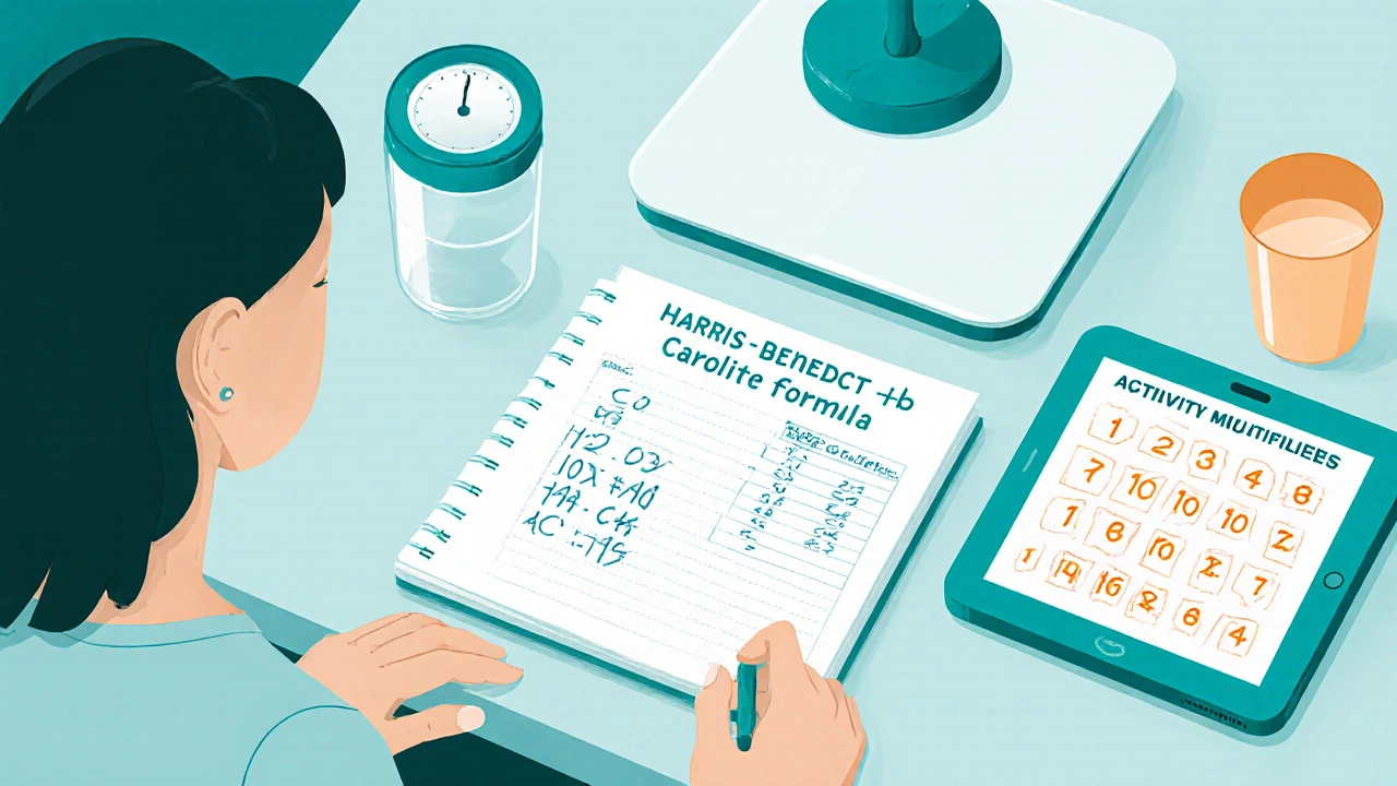 Woman at kitchen table calculating calories with formula paper, scale, and activity chart.