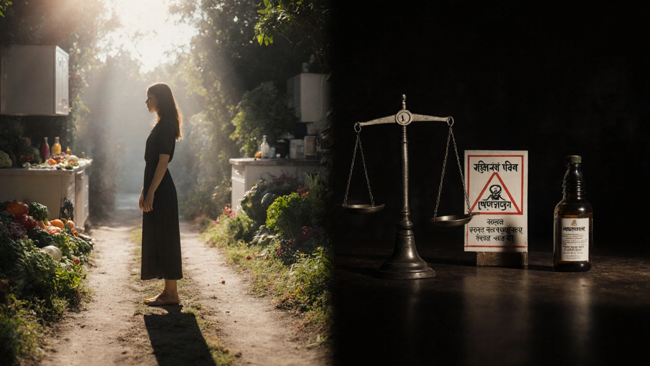 Woman choosing between healthy lifestyle and failed detox path.