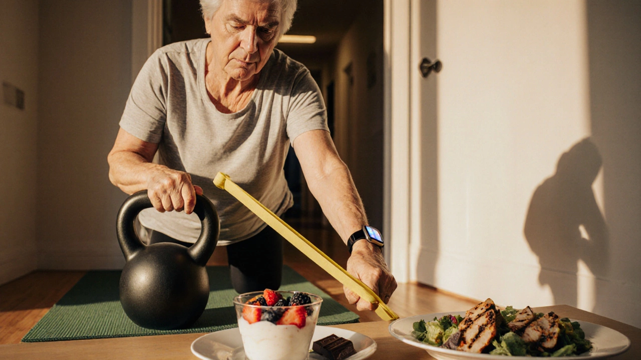 Woman doing resistance training beside balanced meals and a smartwatch, clinic visible.