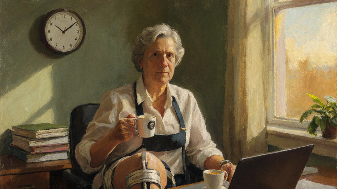 Woman with a knee brace working at a desk under warm afternoon light.