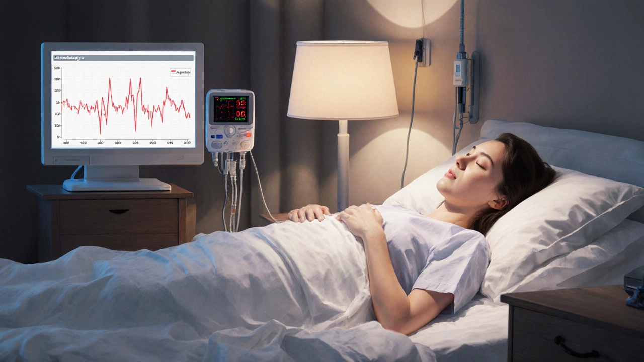 Woman with swollen abdomen in a hospital bed, illustrating ovarian hyperstimulation syndrome.
