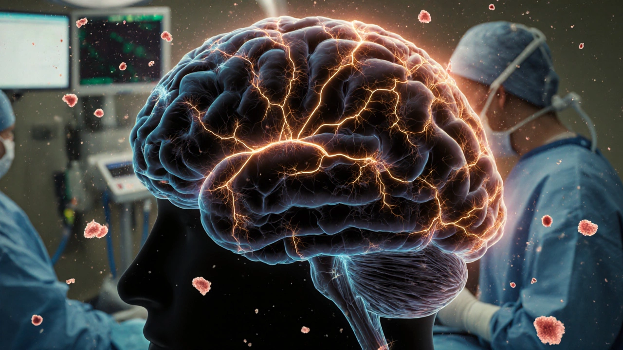A detailed brain illustration with fractured neural pathways and floating micro-clots, symbolizing post-surgery cognitive changes.