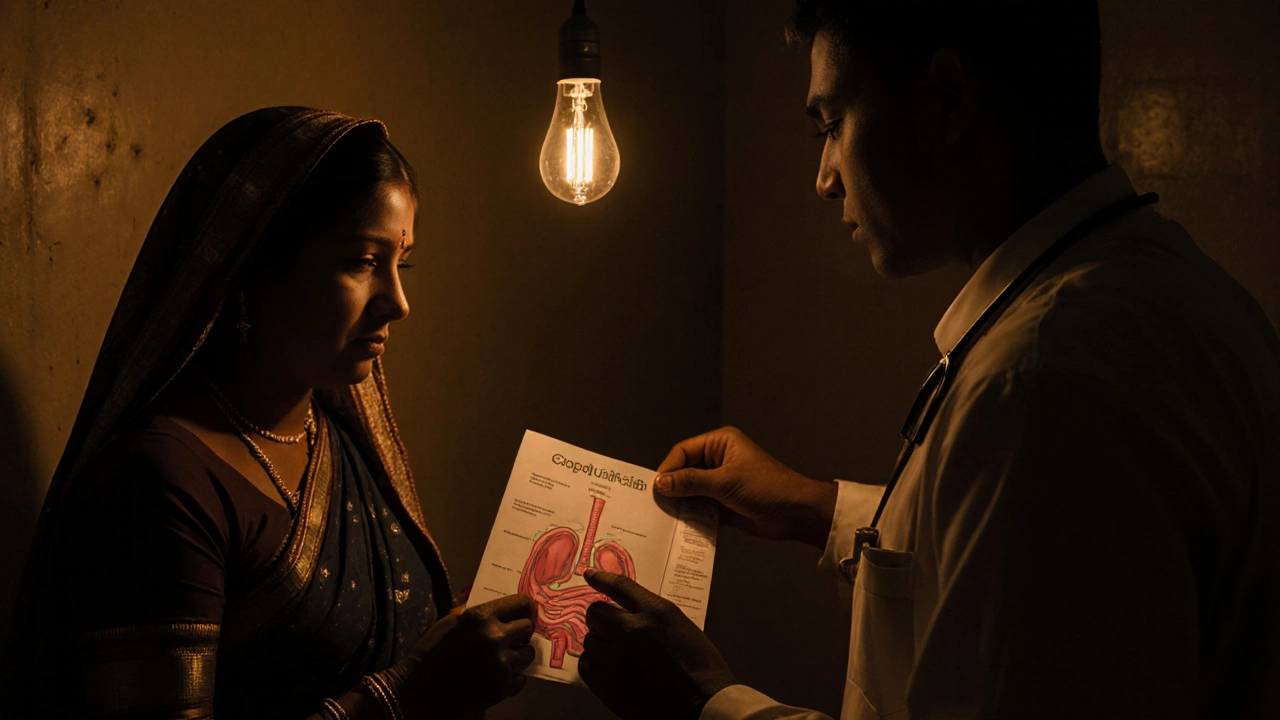 A doctor and patient in a rural clinic examining a medical diagram by lamplight.