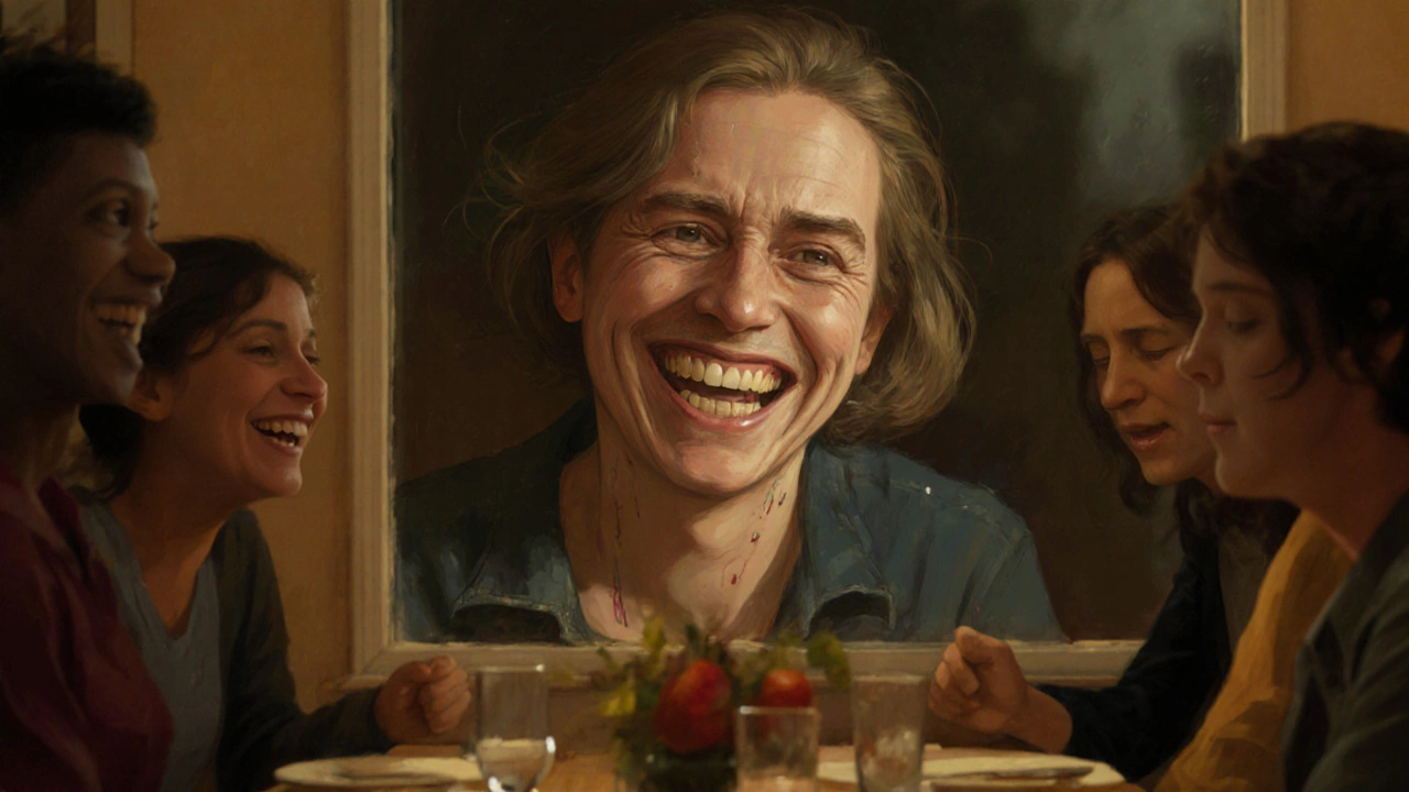 A smiling person at a party, but their reflection shows a tear-streaked, hollow face in the window.