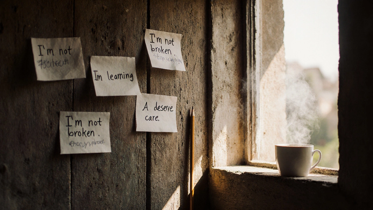 A wall covered in handwritten notes of self-compassion beside a steaming cup of tea.